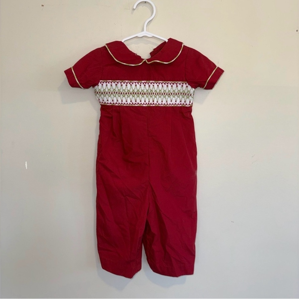 12m Charming Red Kids Romper with White and Green Trim